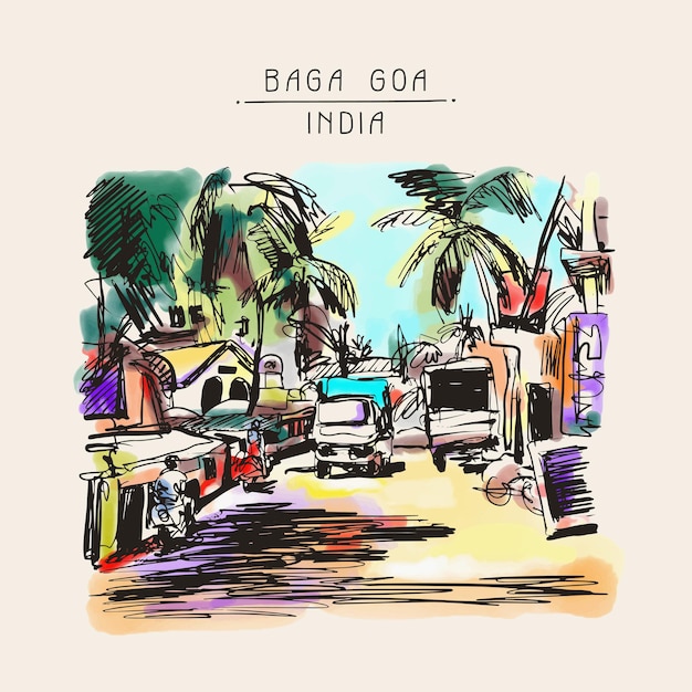 Original digital drawing of India Goa Calangute Baga landscape street travel sketch