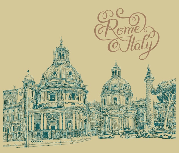 Original digital drawing of rome italy cityscape with lettering inscription for travel card design
