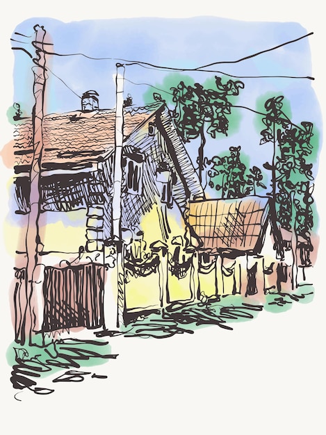 Vector original digital graphic of village composition with houses and trees on watercolor