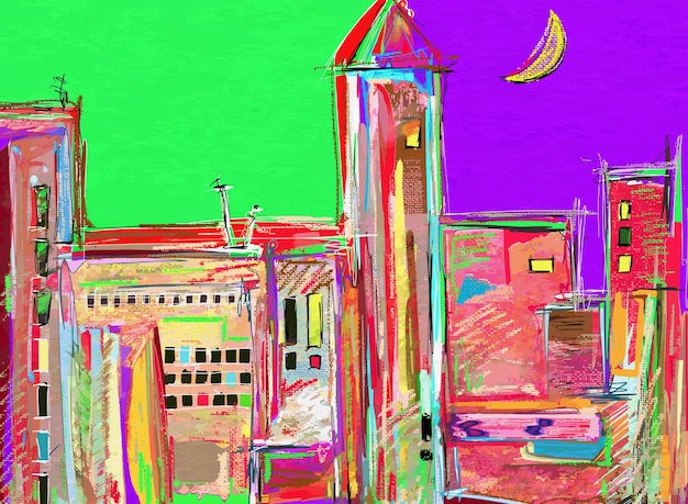 Original digital painting night cityscape Modern Impressionism