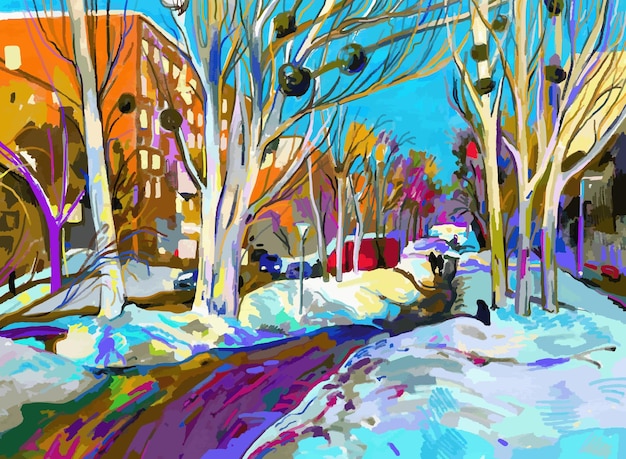 Original digital painting of winter cityscape Modern Impressionism