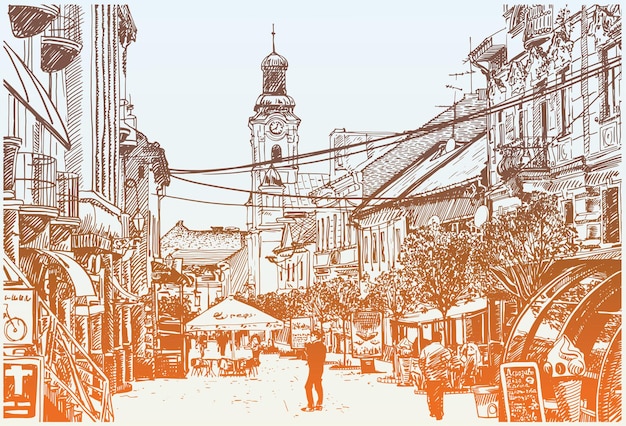 Vector original digital sketch vector illustration of uzhgorod cityscape, ukraine