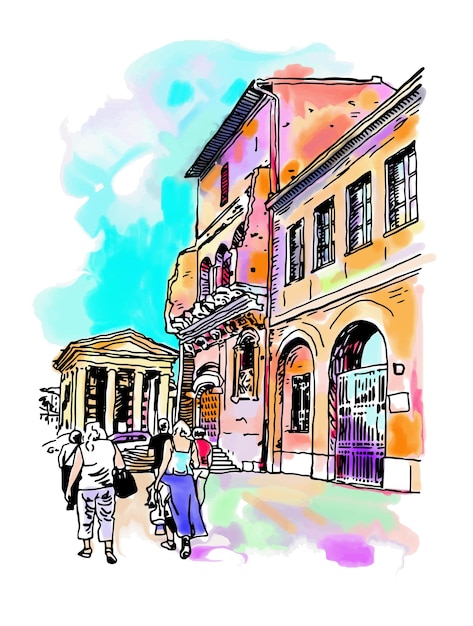 Original digital watercolor drawing of rome street italy old italian imperial building