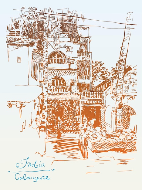 Vector original drawing of india goa calangute baga landscape street travel sketch