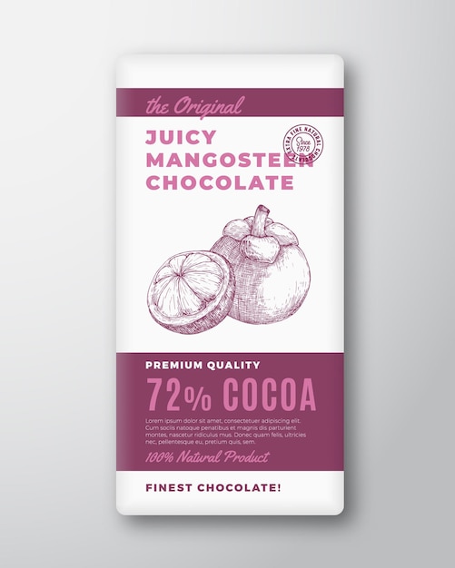 L'originale cioccolato più fine astratto vettore packaging design etichetta tipografia moderna e disegnata a mano mangostano frutta schizzo silhouette sfondo layout isolato