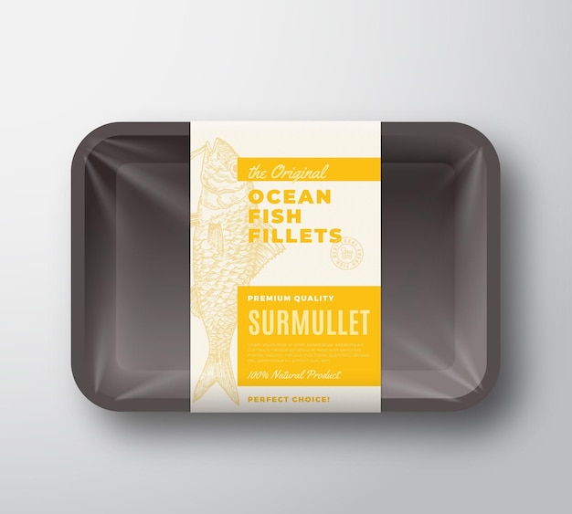 the original fish fillets abstract vector packaging design label on plastic tray with cellophane cover modern typography and hand drawn surmullet silhouette background layout