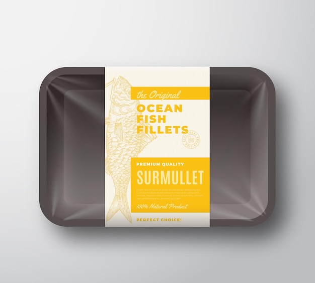 Vector the original fish fillets abstract vector packaging design label on plastic tray with cellophane cover modern typography and hand drawn surmullet silhouette background layout