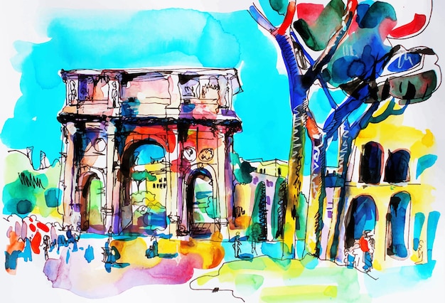 Vector original freehand watercolor travel card from rome italy old italian imperial building