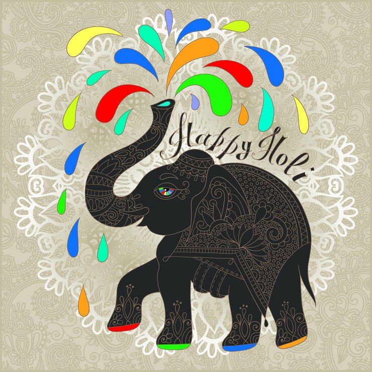 Vector original greeting card happy holi design with elephant, vector illustration