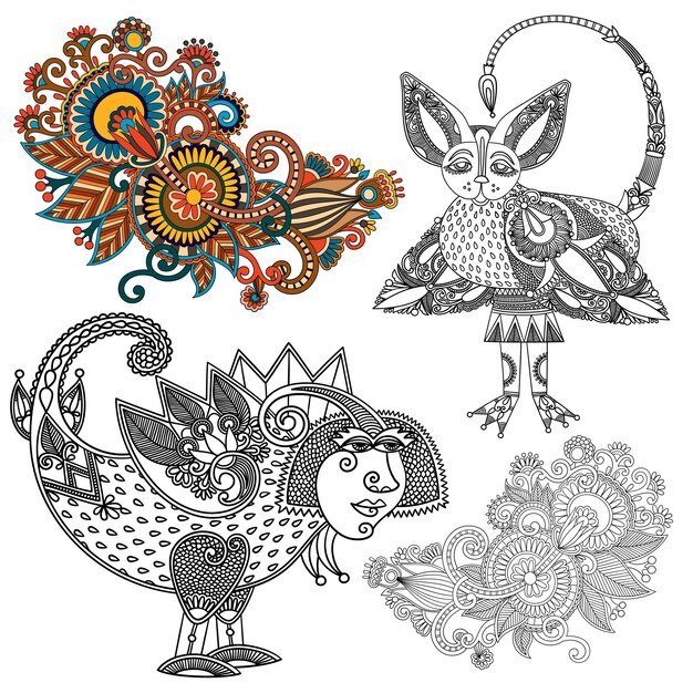 オリジナルの手描きライン アートの華やかな花のデザイン ウクライナのトラッド