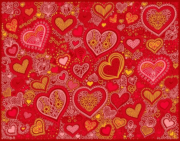 발렌타인 데이 디자인에 붉은 색의 원래 손 그리기 심장 모양 배경