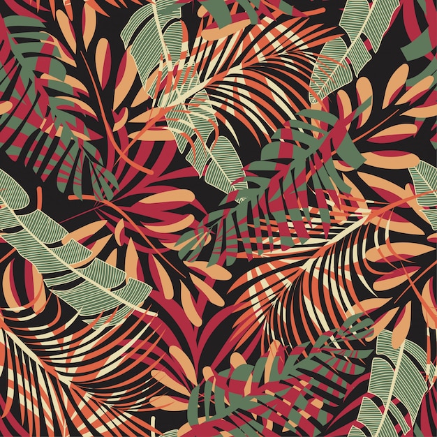 Vector original seamless pattern with colorful tropical leaves and flowers