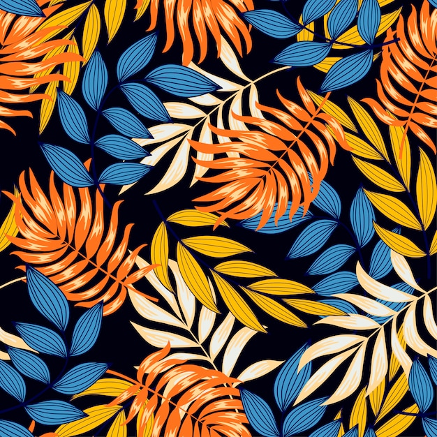 Original seamless tropical pattern with bright leaves and plants on a dark background