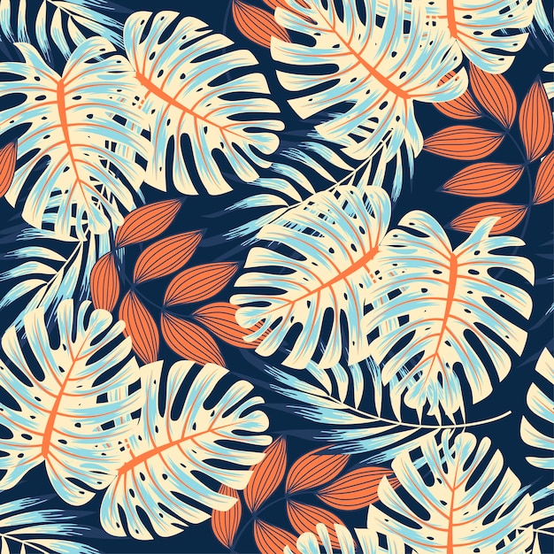 Original seamless tropical pattern with bright plants and leaves on a blue background