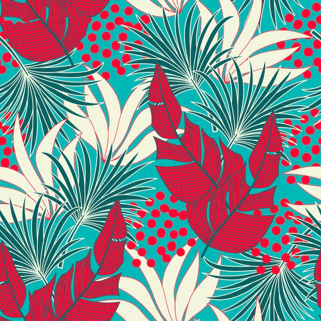 Original seamless tropical pattern with bright plants and leaves on a blue background