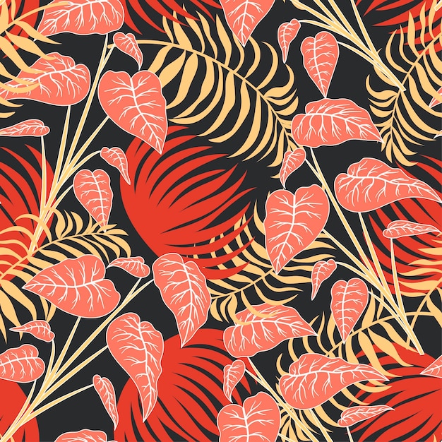 Original seamless tropical pattern with bright plants and leaves on a dark background