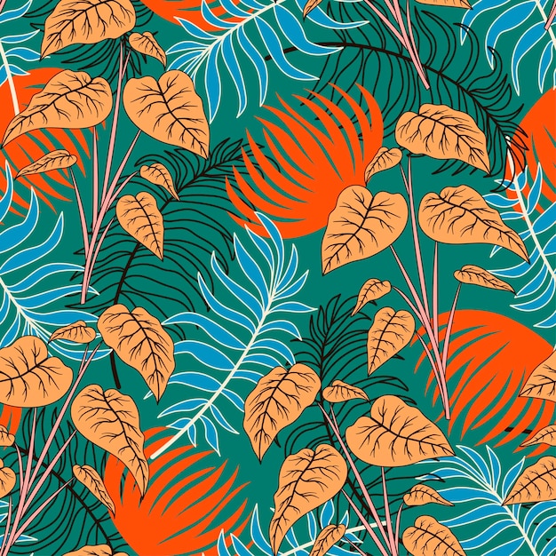 Original seamless tropical pattern with bright plants and leaves on a green background