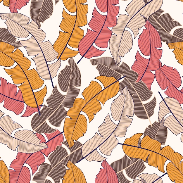 Original seamless tropical pattern with bright plants and leaves on a white background