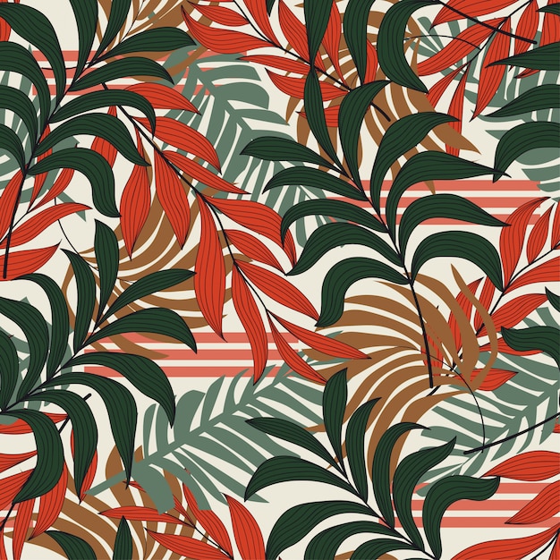 Original seamless tropical pattern with plants and leaves in shades