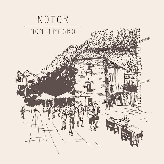 Original sepia sketch drawing of Kotor street  famous place in Montenegro old town travel