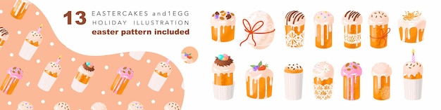ベクトル 13 のユニークなイースター ケーキのオリジナル セット 各画像の繰り返し不可能なデザイン すべてのオブジェクトは背景から分離されています イースター ケーキ セット 4 月のイースターのお祝い 甘いペストリー ベクトル