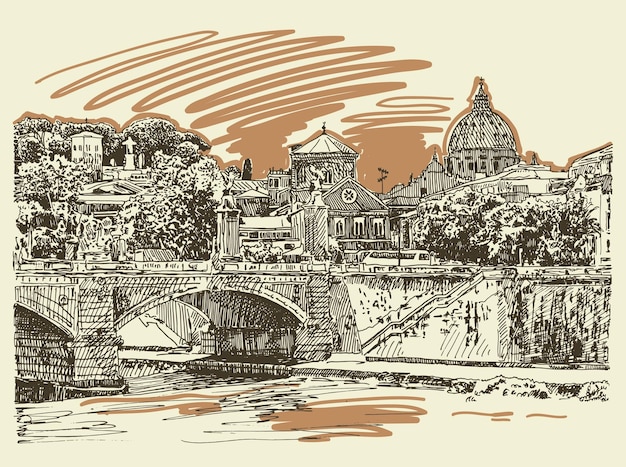 Original sketch drawing of Rome Italy cityscape type of bridge in river and Saint Pietro Basilica