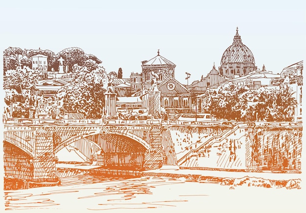 Vector original sketch drawing of rome italy cityscape type of bridge