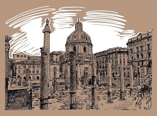 ベクトル ローマイタリアの有名な街並み、旅行カード、ベクトルイラストのオリジナルスケッチ手描き