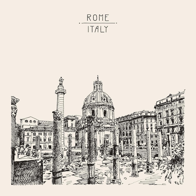 Vettore schizzo originale disegno a mano del famoso paesaggio urbano di roma italia, carta di viaggio, illustrazione vettoriale