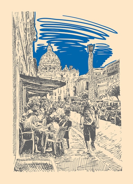 Vettore schizzo originale disegno a mano del famoso paesaggio urbano di roma italia, carta di viaggio, illustrazione vettoriale