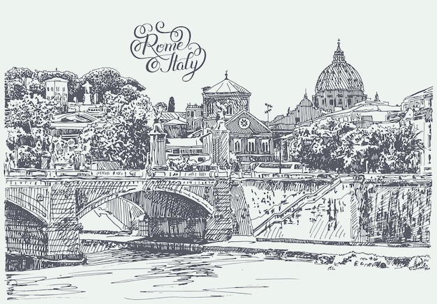 Original sketch hand drawing of Rome Italy famous cityscape with hand lettering inscription