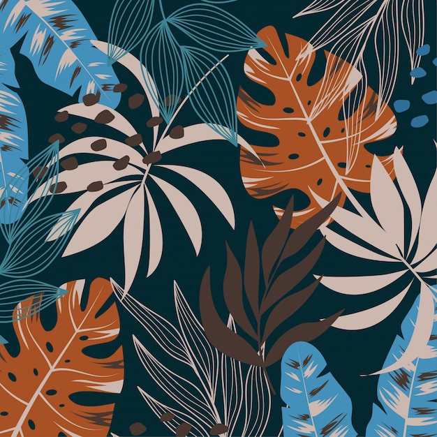 Original tropical background with bright orange and beige plants and leaves