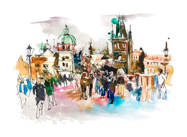 Original watercolor european landscape painting Prague Czech Republic