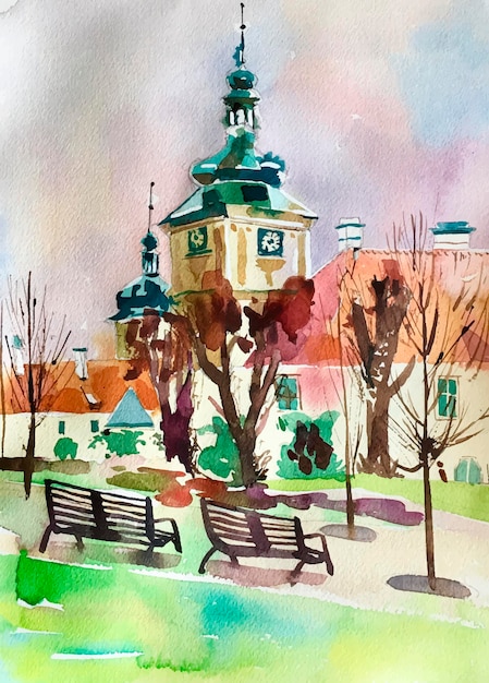 Kutna Hora Czech Republic plein air 삽화 풍경의 원래 수채화