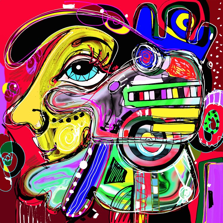Origineel abstract digitaal schilderij van de kleurrijke compositie van het menselijk gezicht in hedendaagse moderne kunst