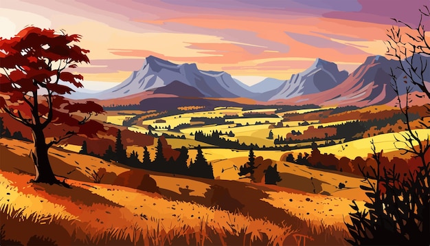 Vector origineel schilderij van prachtig herfstlandschap, bosbergen en rivier op modern canvas