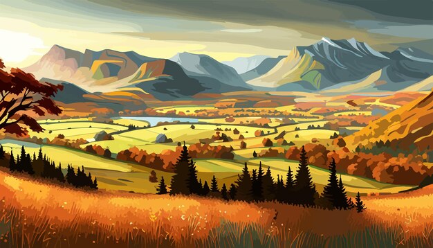 Vector origineel schilderij van prachtig herfstlandschap, bosbergen en rivier op modern canvas