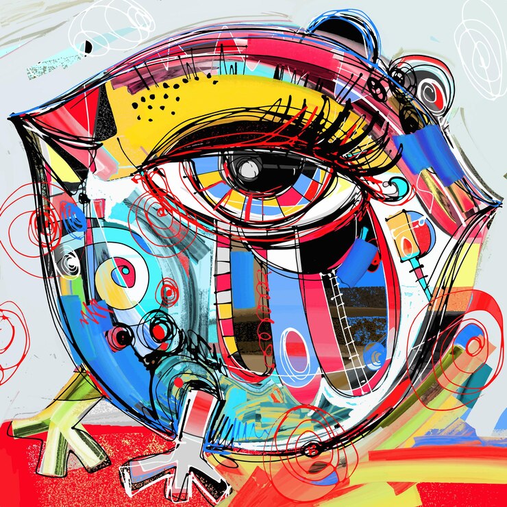 Originele abstracte digitale schilderkunst van doodle vogel haan kip gekleurde poster