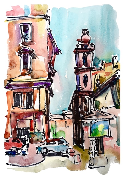 Originele schets uit de vrije hand aquarel van Rome Italië landschap oude Italiaanse imperial
