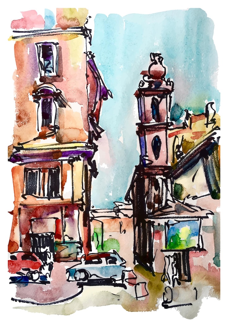 Vector originele schets uit de vrije hand aquarel van rome italië landschap oude italiaanse imperial