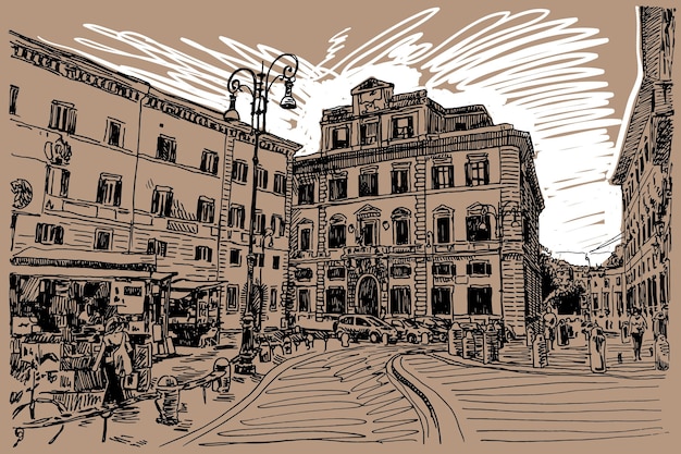 Originele schetshandtekening van het beroemde stadsbeeld van Rome Italië, reiskaart, vectorillustratie