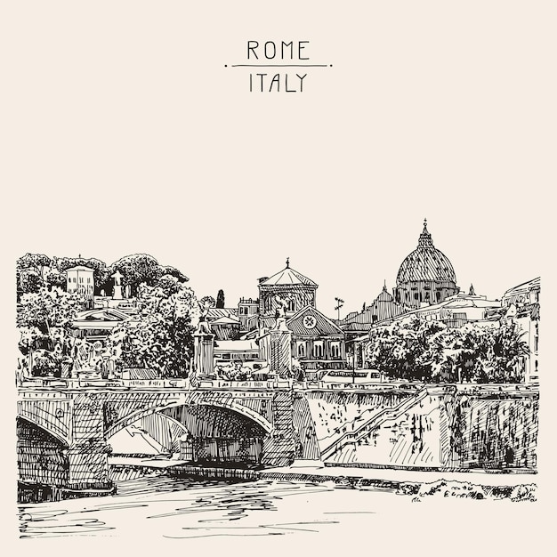 Vector originele schetstekening van het stadsbeeld van rome italië van het type brug in de rivier en de sint-pietrobasiliek