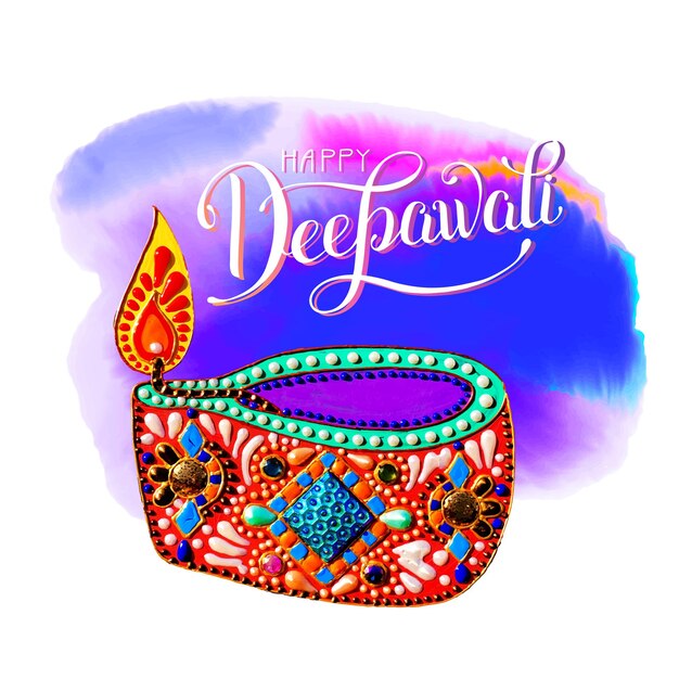 Originele wenskaart voor het deepavali-festival met diya-juwelen die schilderen en met de hand belettering