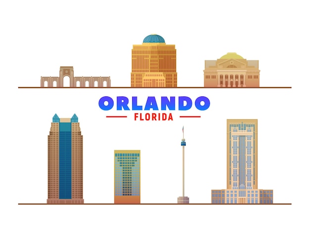 Знаменитые достопримечательности Орландо, Флорида, на белом фоне Векторная иллюстрация Концепция деловых поездок и туризма с современными зданиями Изображение для веб-сайта баннера презентации