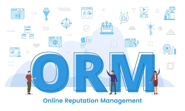 Концепция управления онлайн-репутацией Orm с громкими словами и людьми, окруженными соответствующей иконкой в стиле синего цвета