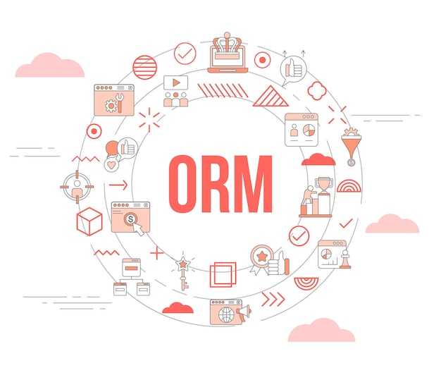 아이콘 세트 템플릿 배너 및 원 원형 모양을 사용한 Orm 온라인 평판 관리 개념