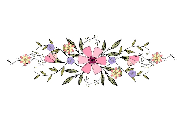 Vector ornament beautiful delicate doodling flowers leaves twigs hand drawing isolated white background