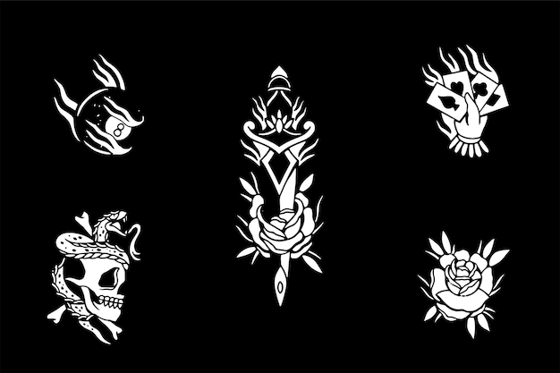 Ornament set vector van schedel slang zwaard bloem en handcard poker ontwerp logo set