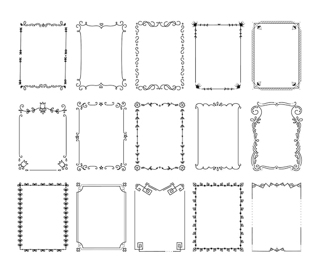 Орнаментальные бордюры. Винтажные декоративные рамки с элементами росчерка и старинной филигранью. Плоские черные линии на белом изолированном фоне векторной площади, богато украшенной для сертификатов и поздравительных открыток