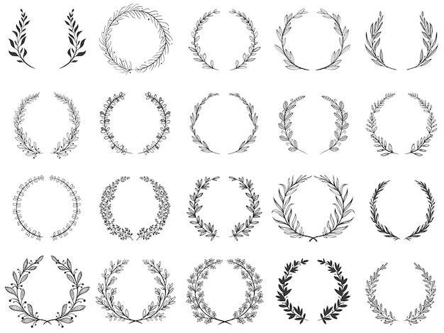 Vector ornamental branch wreathes. laurel leafs wreath, olive branches and round floral ornament frames set.